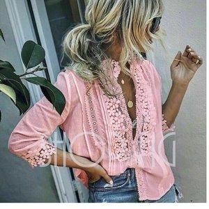 New Pink Lace Button Front Blouse Top Feminine 3/4 Sleeve Shirt Top Western Boho